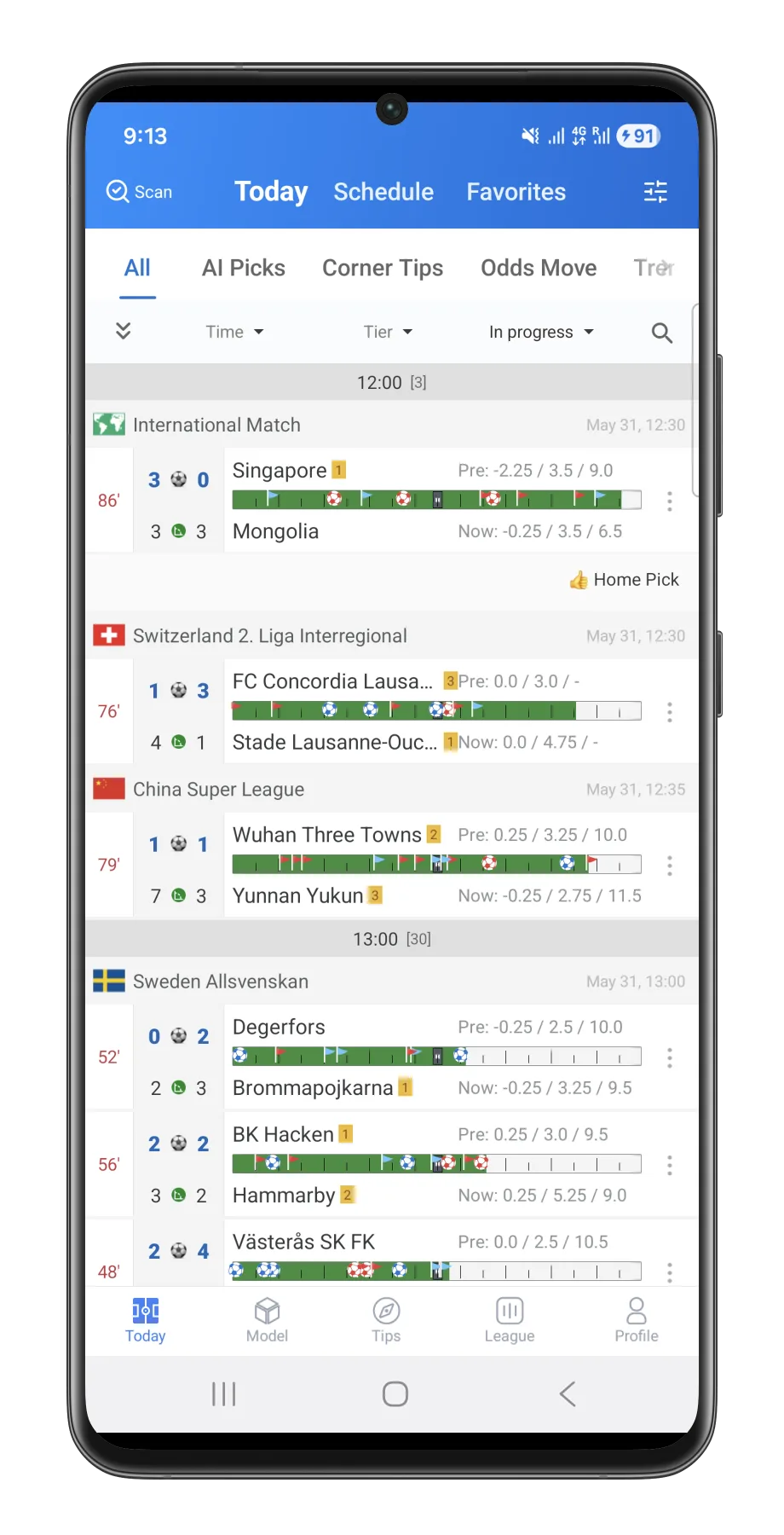 TotalCorner match list screen